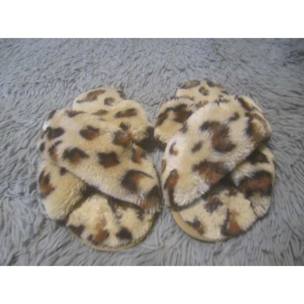 Slippers Womens Size 9 Brown Leopard Faux Fur Slide House Shoes Cozy Fleece